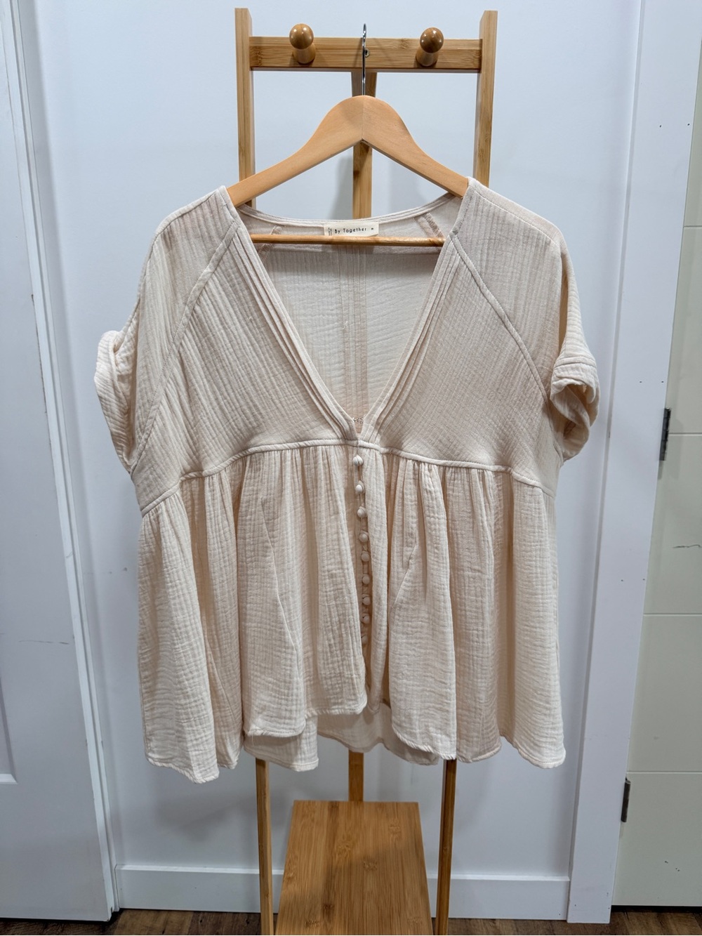 By Together Cream Button-Front Peasant Blouse